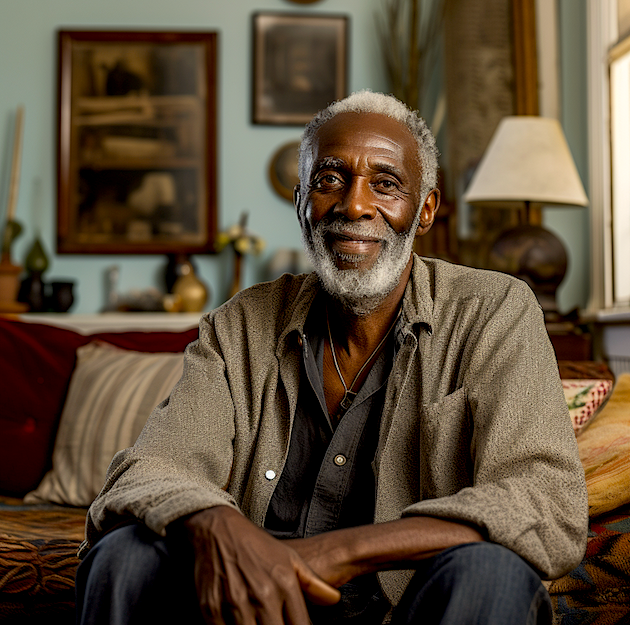 An older man sitting on a couch and smiling. Image produced using Midjourney