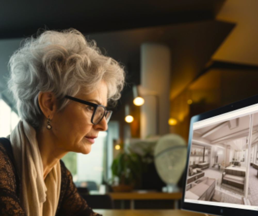 A woman looking at home designs on a computer. Image produced using Midjourney