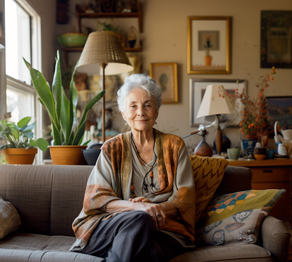 An older woman sitting on a couch. Image produced using Midjourney